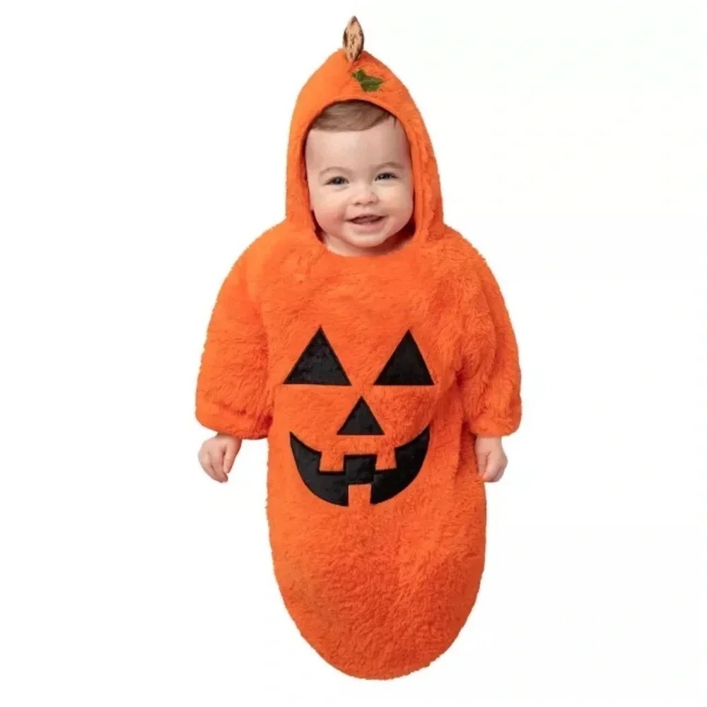 Spirit Halloween Pumpkin Bunting Costume Infant 0-6M Orange Jack-O-Lantern Fuzzy